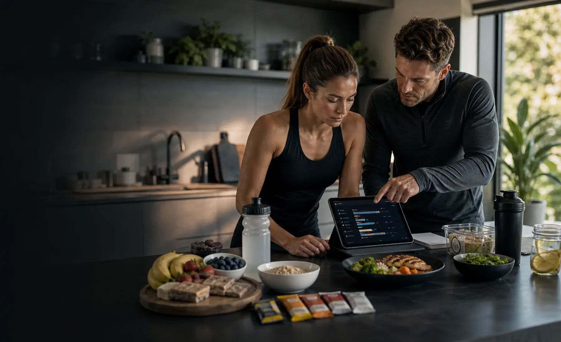 Coach and athlete reviewing a sports nutrition plan with hydration, meals, and fueling products
