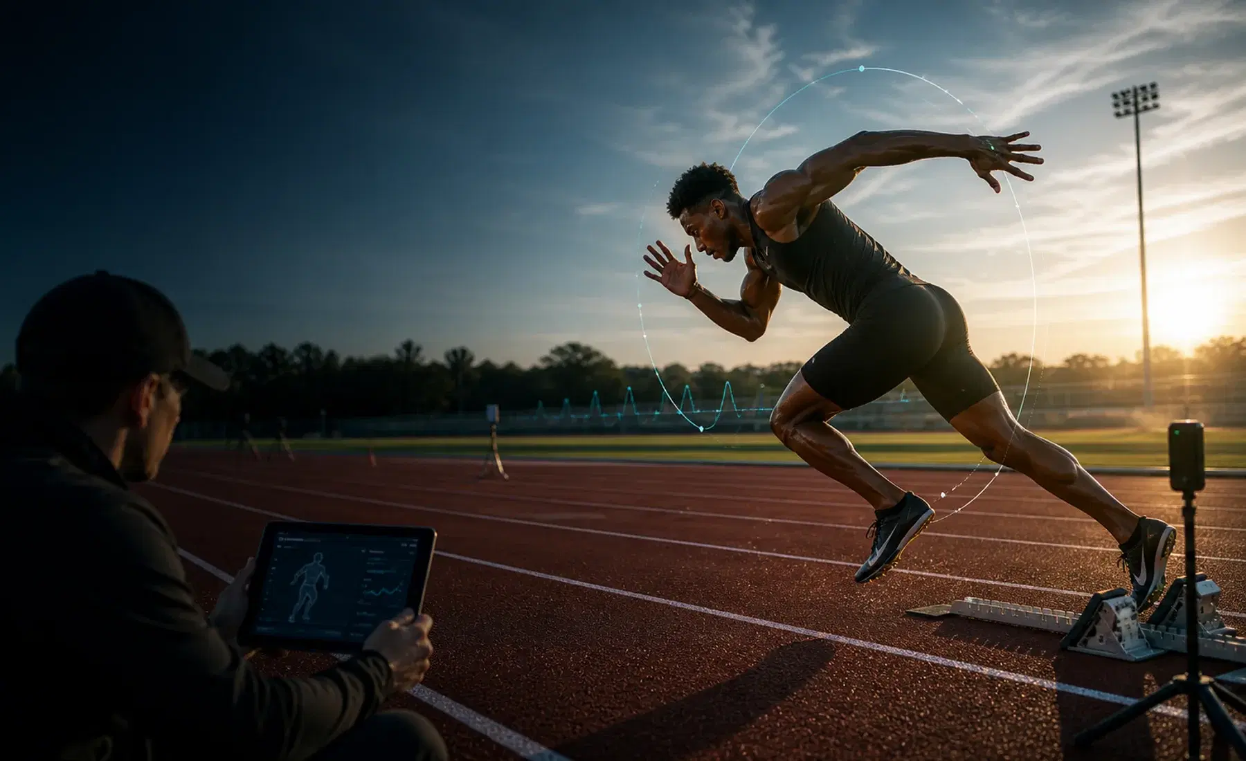 Sprinter driving from blocks on a track while a coach reviews timing and acceleration data