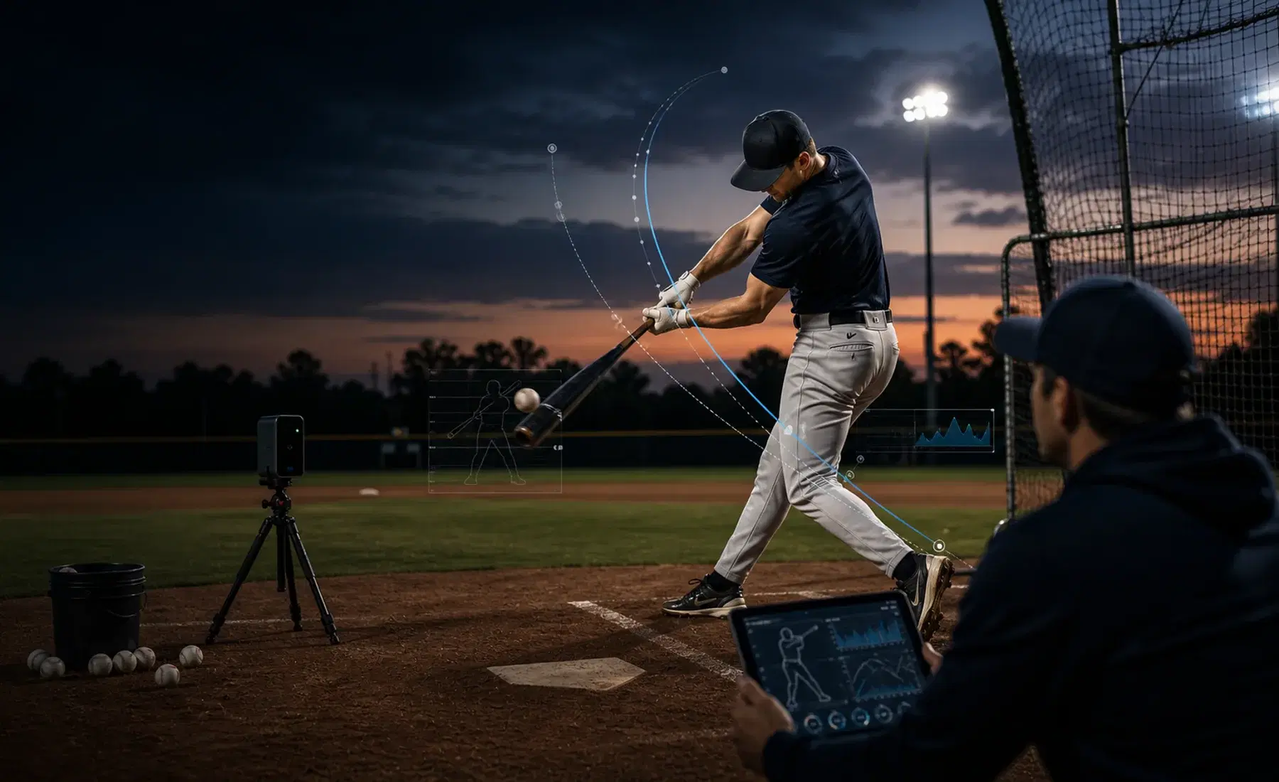Baseball hitter training at dusk with coach video review and batting mechanics data