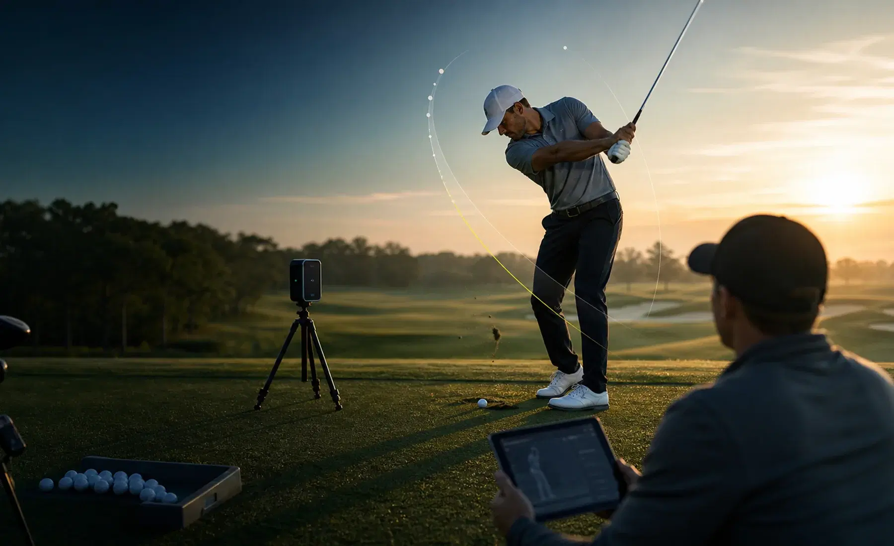 Golfer rehearsing swing sequence at sunrise with coach review and launch monitor data
