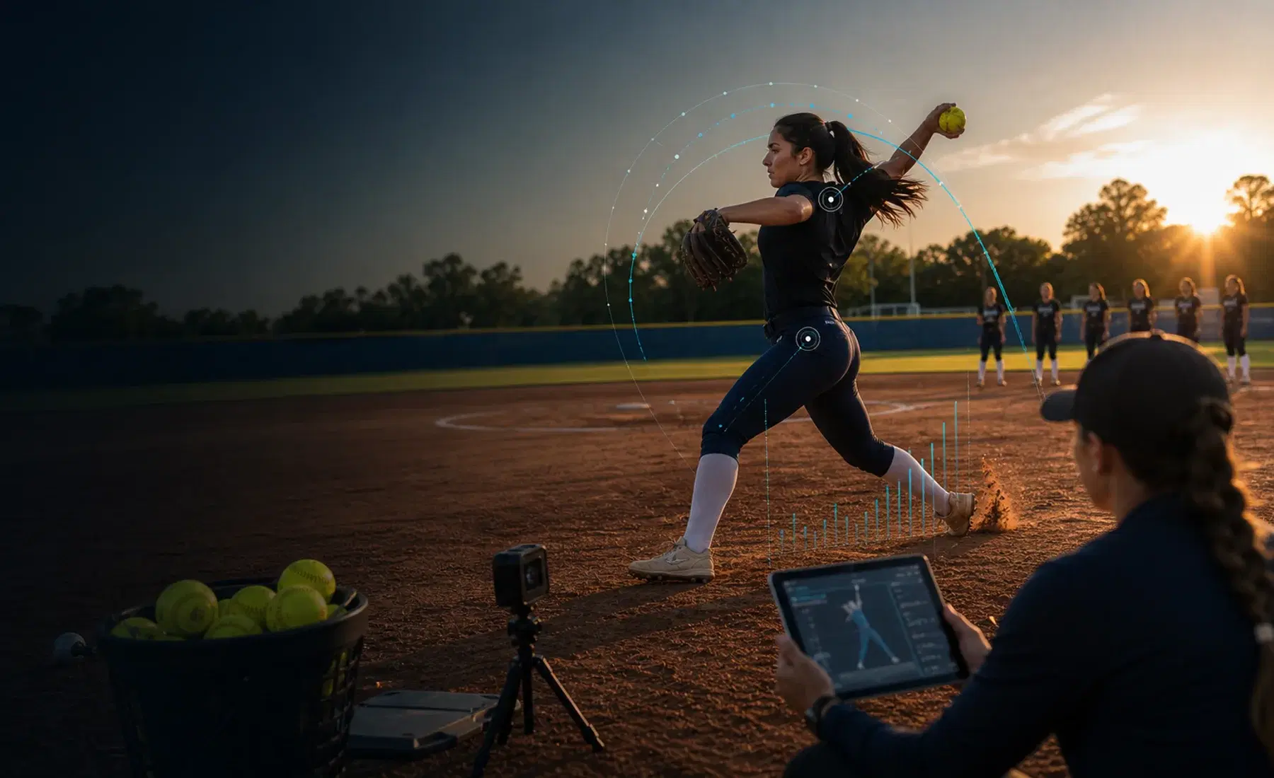 Softball athlete swinging during team practice with coach video review and training data